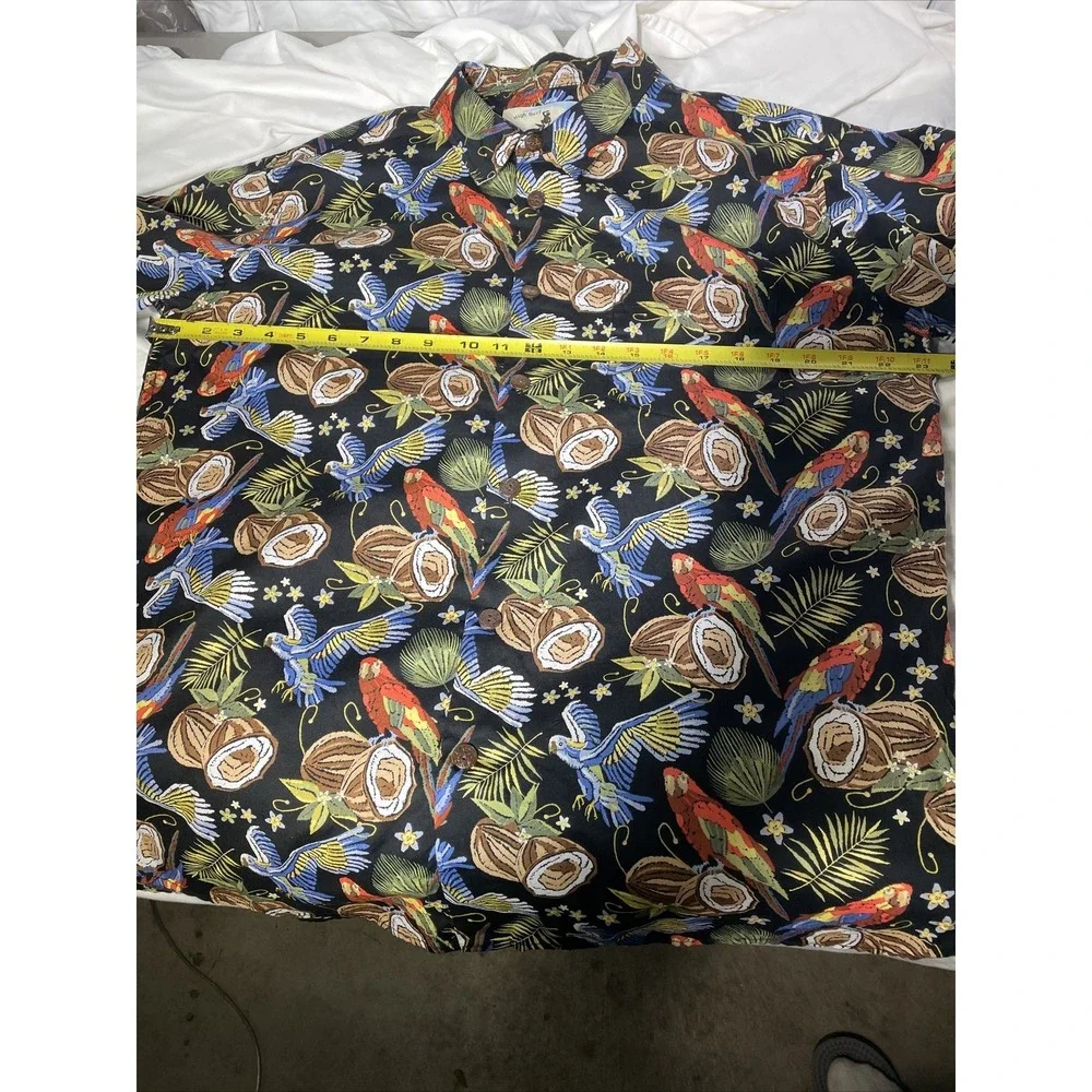 High Surf Island Men's Hawaiian Shirt L Black‎ W/Parrots & Coconuts Floral